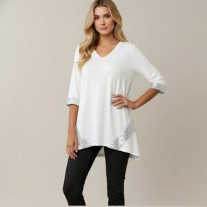 White Sequin Asymmetrical Long Hem Tee